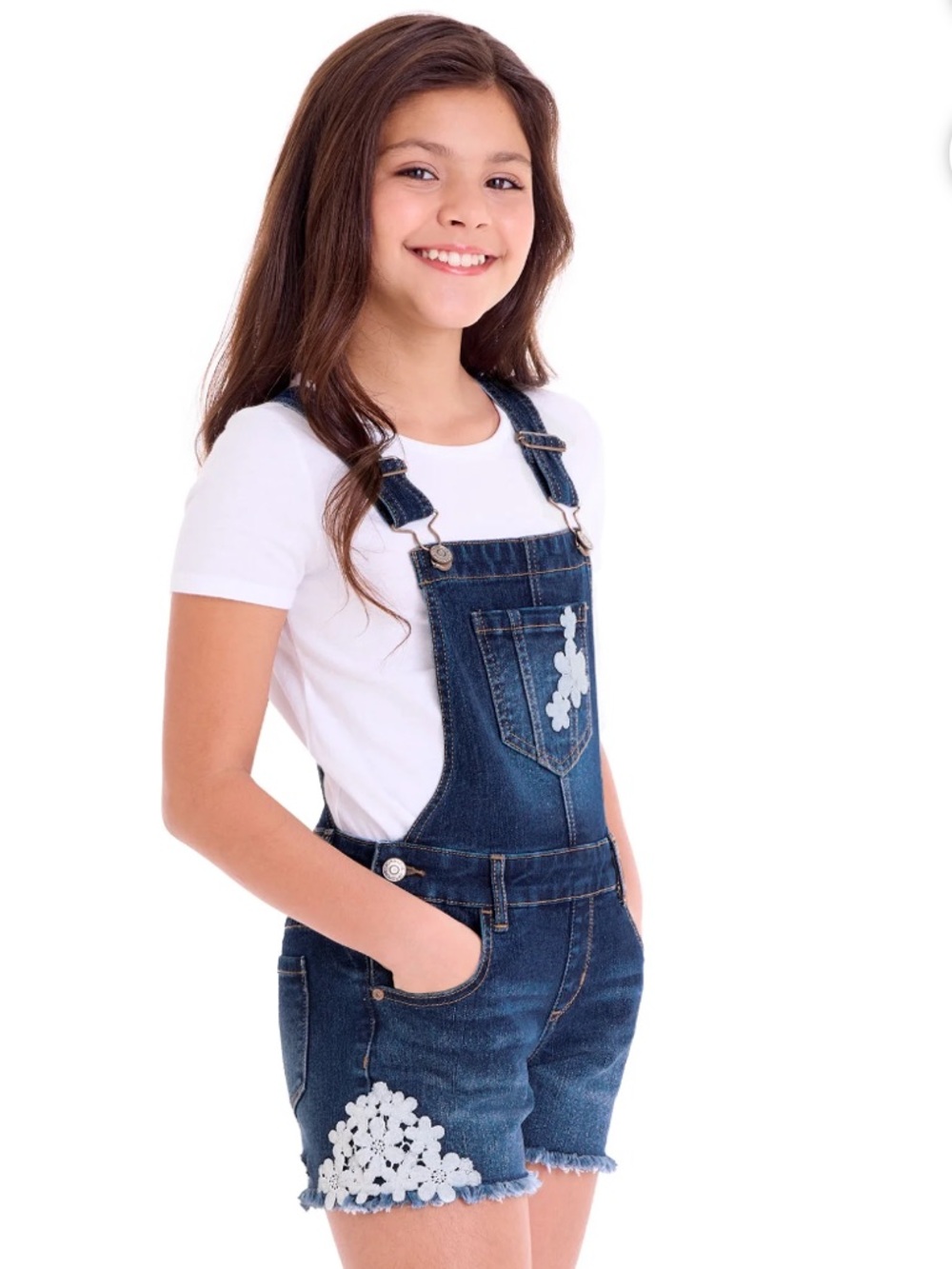 Jordache Girls Denim Shortalls Overalls Size L 10-12 Floral Lace Trim